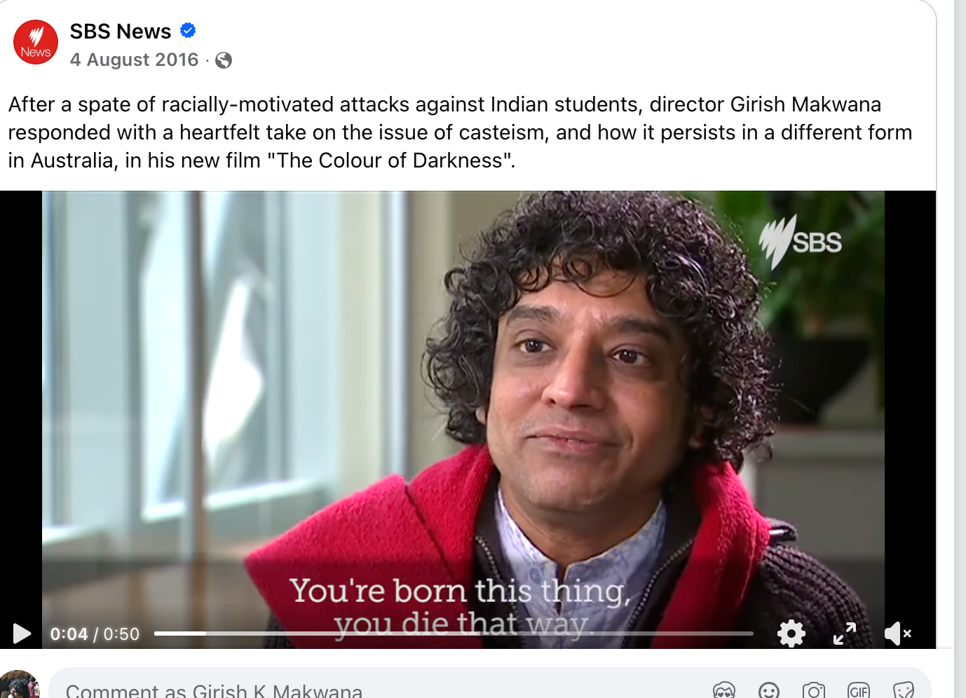 SBS News social post about The Colour of Darkness